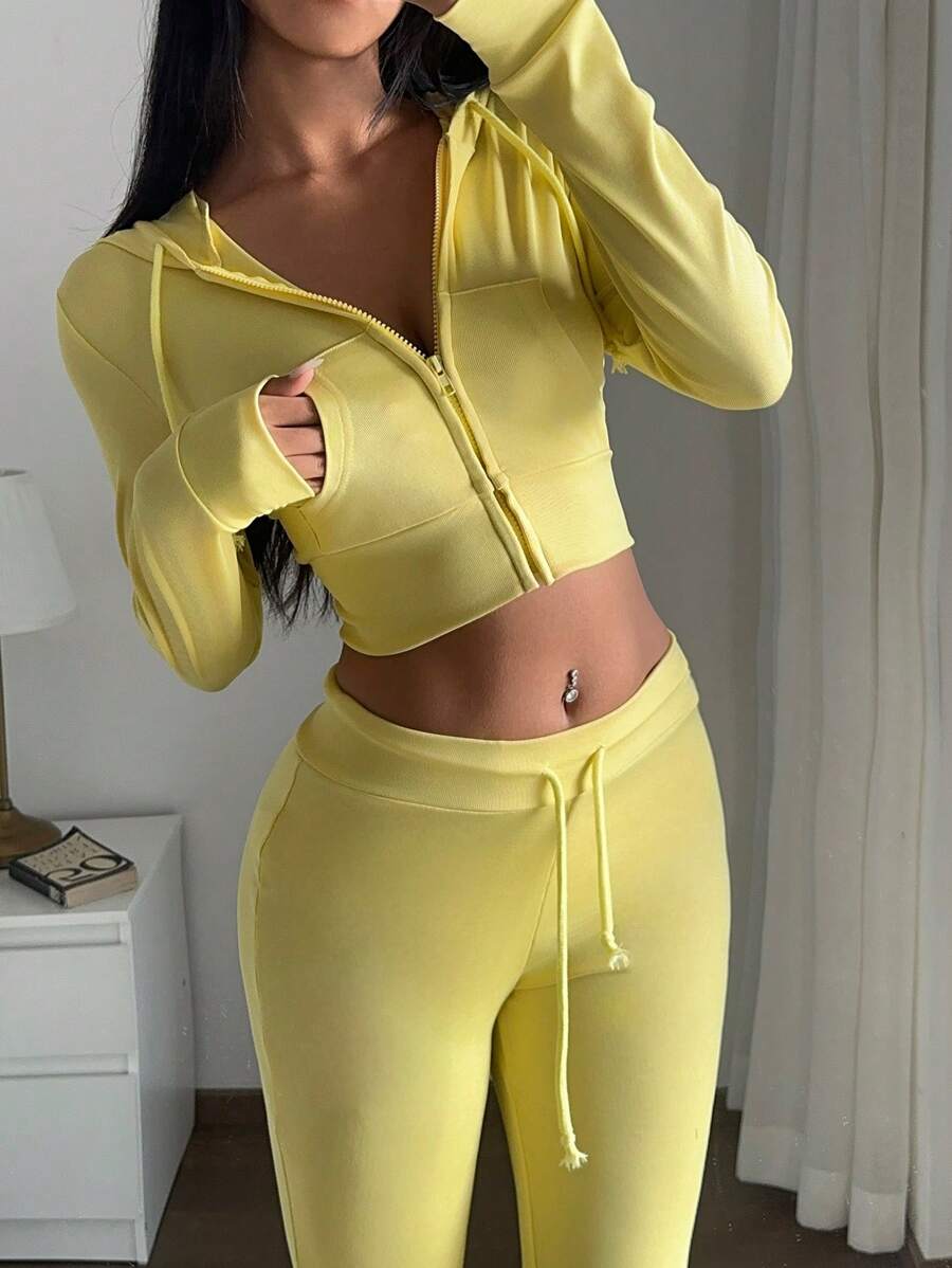 Zekeem 2pcs Women Set: Solid Color Hoodie & Wide Leg Pants