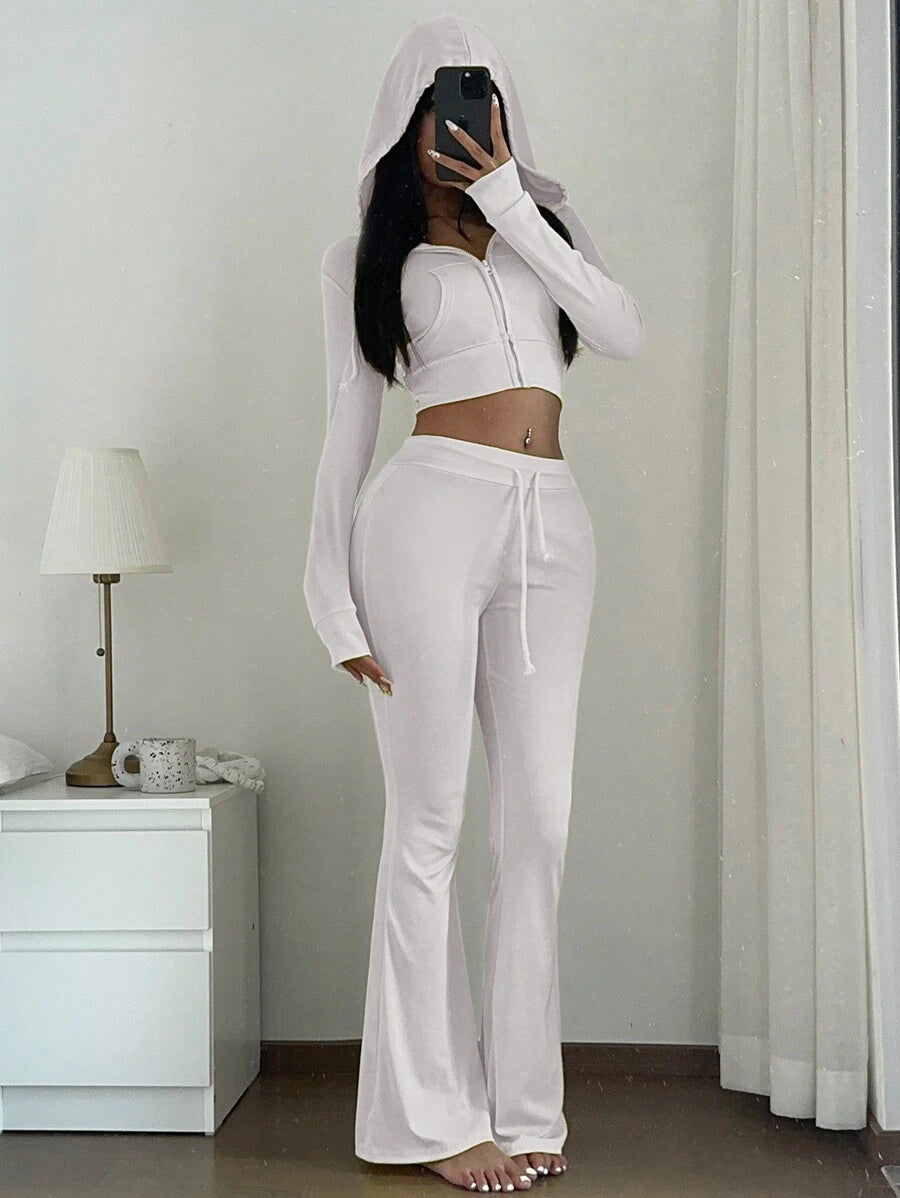 Zekeem 2pcs Women Set: Solid Color Hoodie & Wide Leg Pants