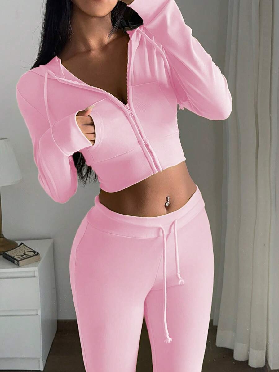 Zekeem 2pcs Women Set: Solid Color Hoodie & Wide Leg Pants