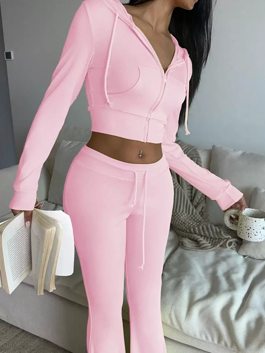 Zekeem 2pcs Women Set: Solid Color Hoodie & Wide Leg Pants