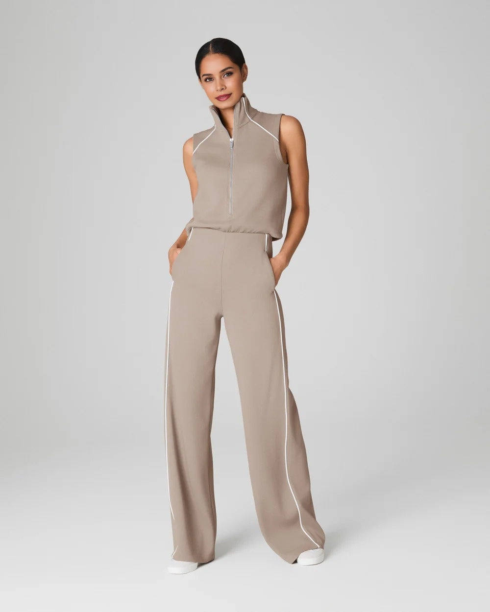 Pique Sleeveless Mockneck Jumpsuit