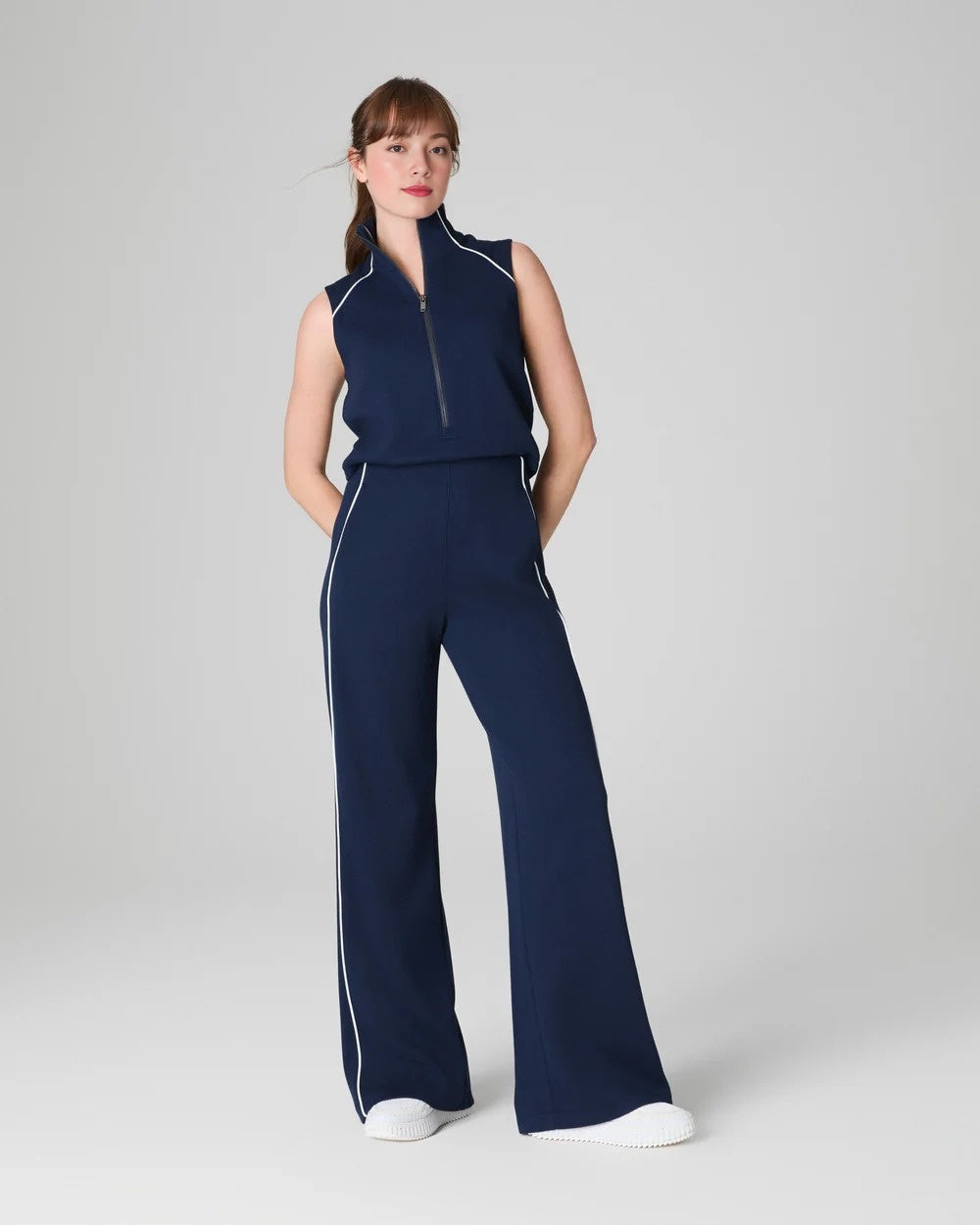 Pique Sleeveless Mockneck Jumpsuit