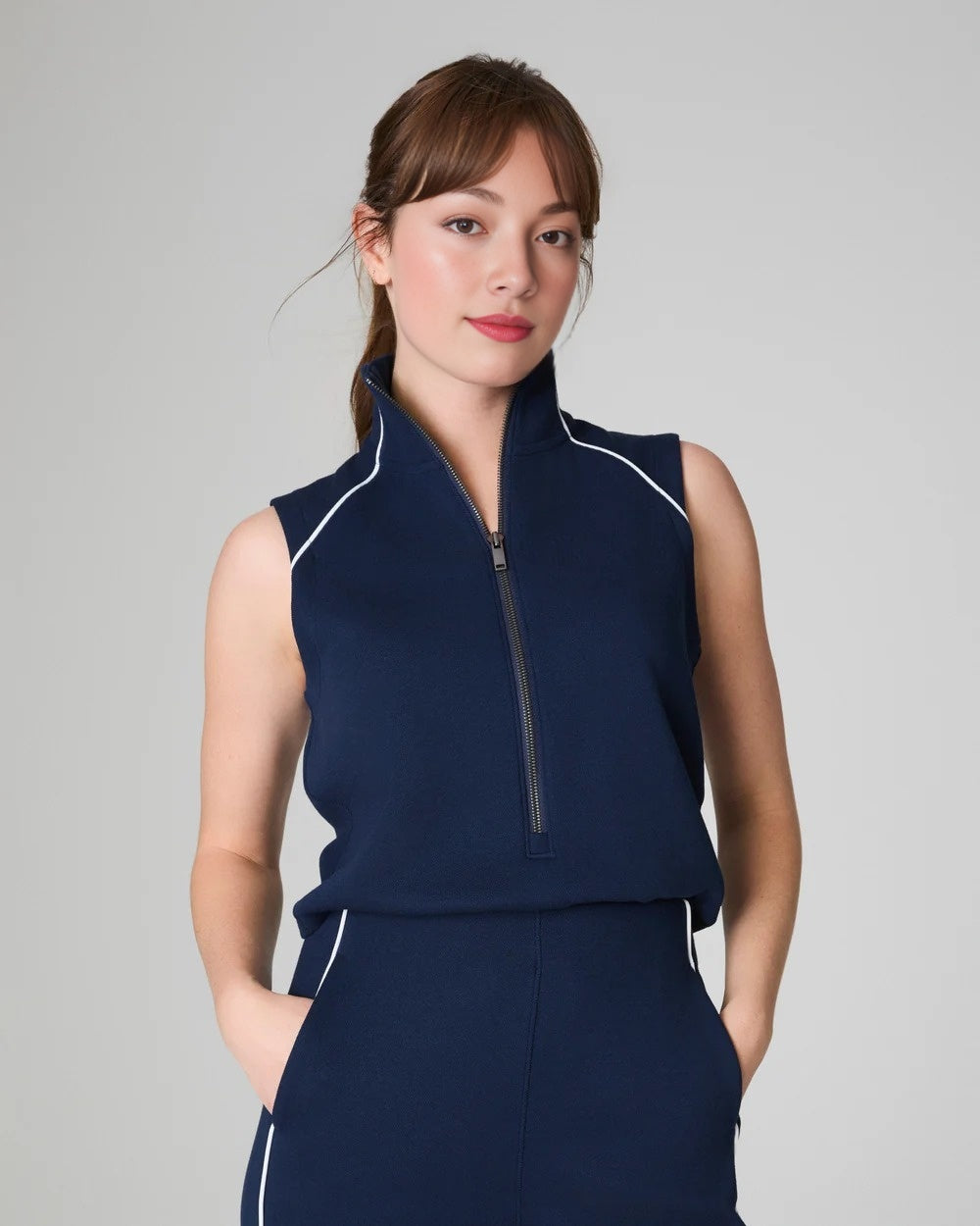 Pique Sleeveless Mockneck Jumpsuit