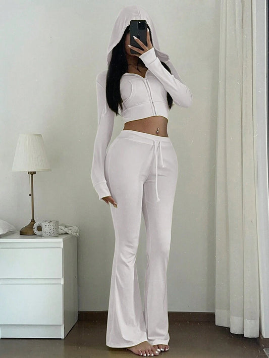 Zekeem 2pcs Women Set: Solid Color Hoodie & Wide Leg Pants