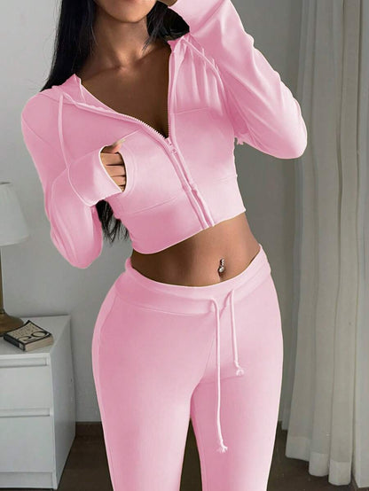 Zekeem 2pcs Women Set: Solid Color Hoodie & Wide Leg Pants