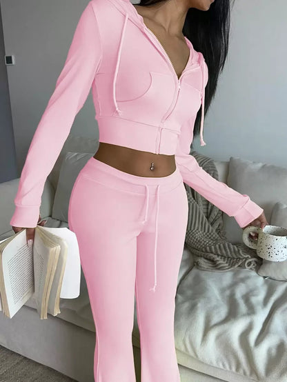 Zekeem 2pcs Women Set: Solid Color Hoodie & Wide Leg Pants