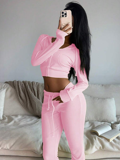 Zekeem 2pcs Women Set: Solid Color Hoodie & Wide Leg Pants